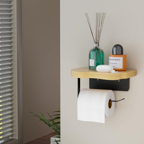 Wall Mounted Toilet Paper Holder with Shelf, Bamboo Wood and Matte Black Metal, 7.08x5.11 Inch Storage Rack for Bathroom by Generic - Image 6