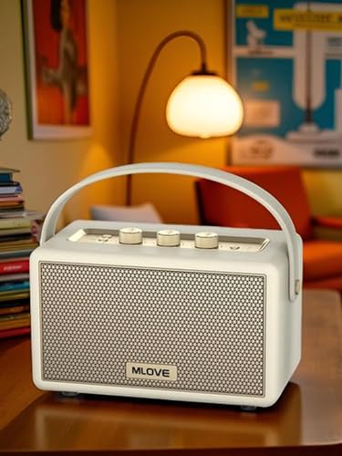 Image of MLOVE A200 Portable Retro Bluetooth Speaker with Aux Input, USB Port, Micro SD Card Slot - Decorative Wireless Bookshelf Speakers Battery Powered, House Warming Gifts for New Home, White Strap
