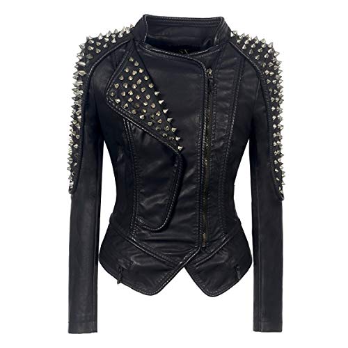 ZJX Women's personality classic dovetail rivet punk leather jacket lapel high grade Motorcycle Jacket (3XL, Black)