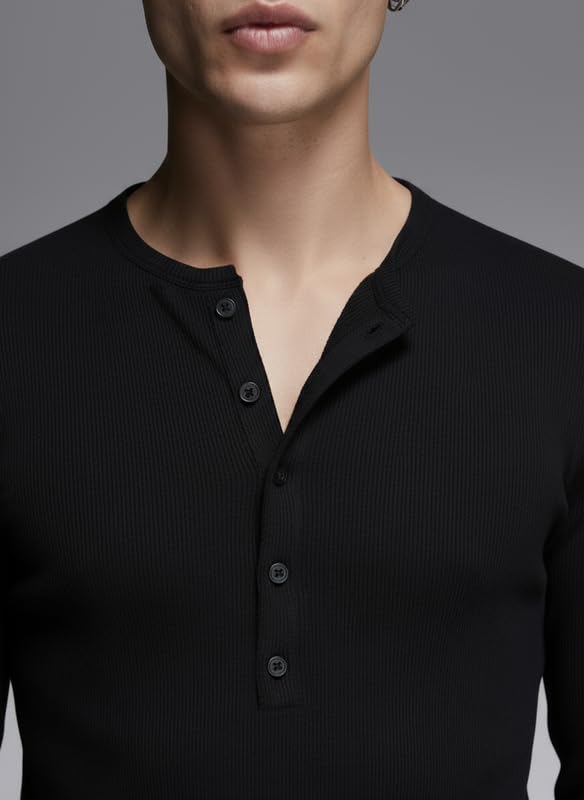 Image of FUGAZEE Black Ribbed Henley Long Sleeve T-Shirt for Men | Muscle Fit Ribbed Knit Tee with Crew Neck & Button Placket | Stretch Fabric Longsleeve Top | Structured Rib Texture