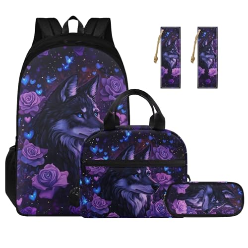 Rose Wolf Girl Backpack and Lunch Box Set 17 Inch Large Capacity Easy Clean Lightweight Children Pencil Case Pouch Kids Personalized Bookmark 4 Piece No Fading 1Th 2Th 3Th Grade