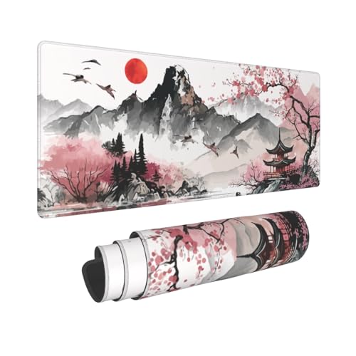 Image of Pink Japanese Watercolor Cherry Blossom Gaming Mouse Pad 31.5x11.8 XL Extended Mousepad Large Keyboard Mouse Mat Desk Pad with Non-Slip Rubber Base Stitched Edges for Home Office Game