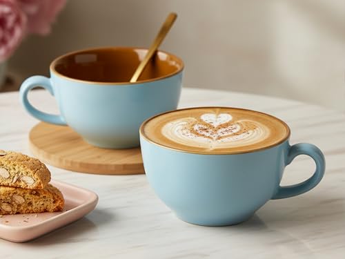 Image of Bodhi House Ceramic Coffee Wide Large Mug with Handle - Set of 2, 350Ml Glossy Finish | Bone Ash Free & Microwave Safe | for Cappuccino, Latte, Green Tea - Arctic Blue