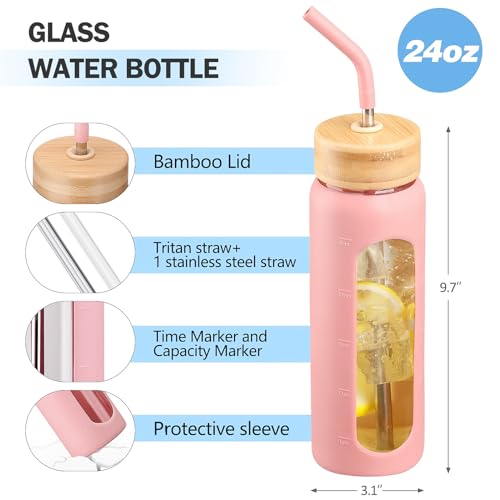 Image of 24oz Glass Water Bottle with Straw and 2 Lids, Pink