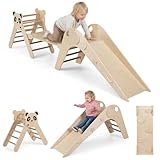 COSTWAY Kletterdreiecke Indoor 3er Set, klappabres Kletterdreieck mit Rutsche, Rampe, Kletterleiter, inkl. Baustein Set, Klettergerüst Holz, Sprossendreieck für Kinder ab 3 Jahr (Natur)