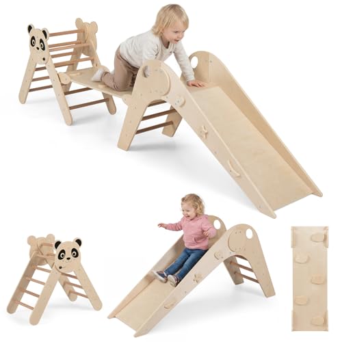 COSTWAY Triangle d’Escalade Montessori Enfant Pliable sur Thème Panda avec Rampe et Échelle, Parcours Motricité Bébé Bois avec Toboggan et Blocs...