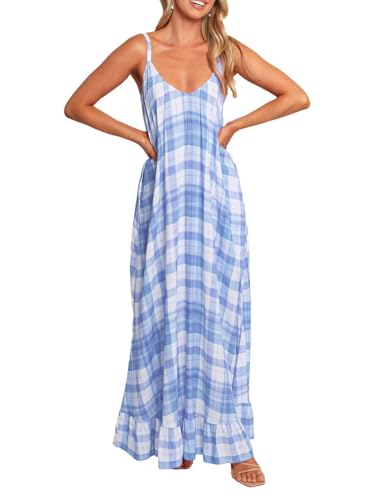 Image of LASPIA Spaghetti Strap Dresses for Women Plaid V Neck Maxi Sundress Beach Long Dress with Pockets
