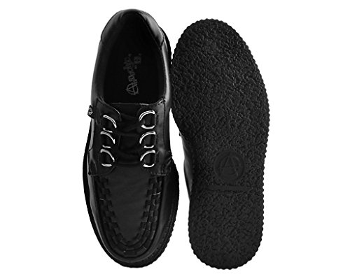 T.U.K. Anarchic Creeper Shoes for Women and Men, Black Faux Leather, Round Toe, Woven Interlace, 3 D-Ring Lace-Up, Twill Lining, Foam Insole, Low Platform, Classic Style, US Women 13 / Men 114