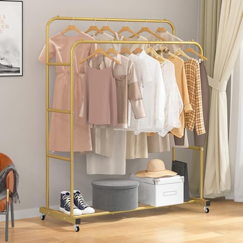 Laiensia Double Rods Clothing Rack with Wheels, Garment Rack for Hanging Clothes, Multi-functional Bedroom Clothes Rack, Gold