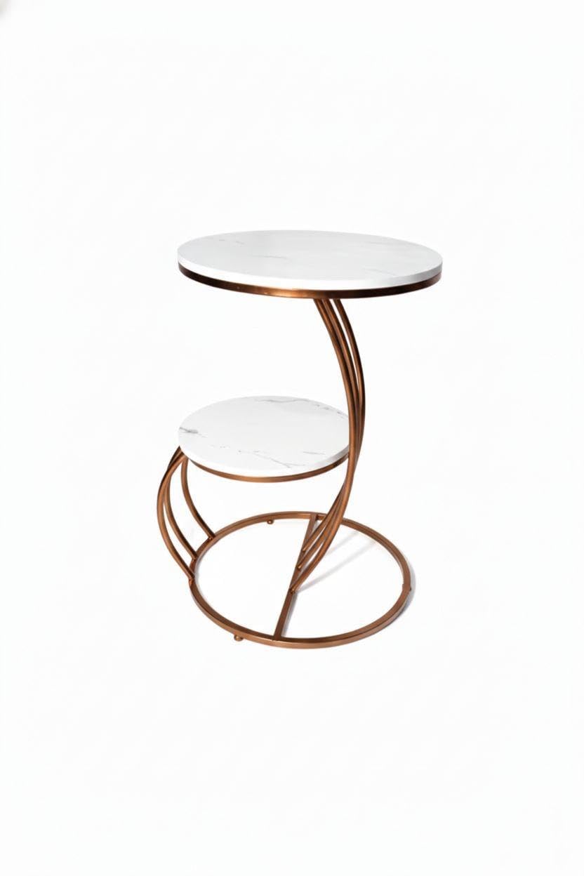 modern marble finish nesting side table with metal frame | elegant round coffee table for living room, bedroom & home decor, rose gold