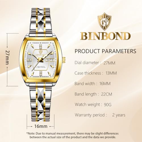 Image of BINBOND Square Watches for Women Analog Quartz Day Date Ladies Wrist Watch Diamond Stylish Stainless Steel Dress Womens Watch Elegant Luminous Waterproof