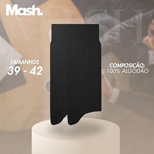 MASH Kit 3 Pares Meia Social Cano Longo Algodão Fina Canelada Masculino, 3 Preto, 39-42