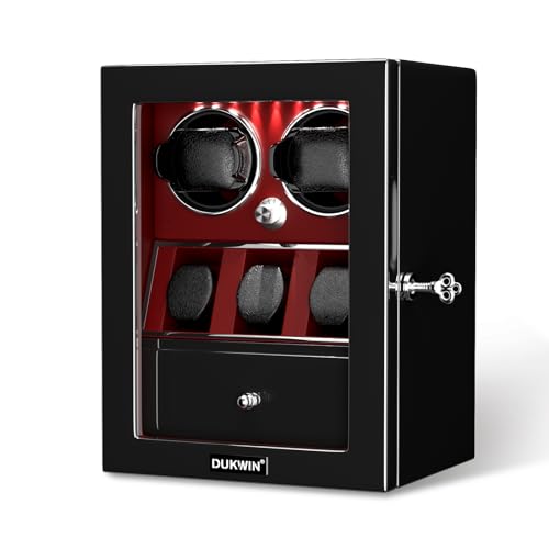DUKWIN Watch Winder for 2 Automatic Watches,Lockable Watch Winders with Watch and Jewelry Storage, Super Quiet Mabuchi Motor with High-Gloss Piano Lacquer Finish,Built-in Illumination-Red by DUKWIN - Used condition - US$106.31