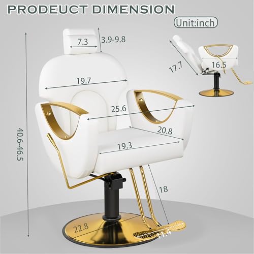 Dangvivi White Barber Chair, Reclining Salon Chair for Hair Stylist, Height Adjustable Hair Styling Armchair with 360 Degrees Rolling Swivel, Multi-Function Hairdresser Braiding Armchair