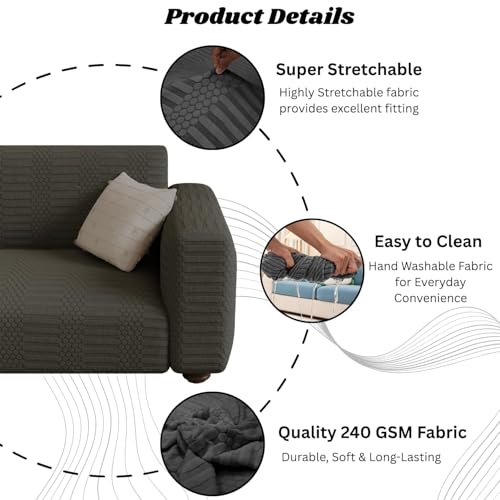 Image of Lukzer 2 Seater Pastel Dark Grey Dotted Stripe Pattern Sofa Cover | 240 GSM Universal Stretch Fit Jacquard Fabric Couch Protector | Fully Covered Anti Slip & Washable Sofa Cover (SC-133-02 /140-180cm)