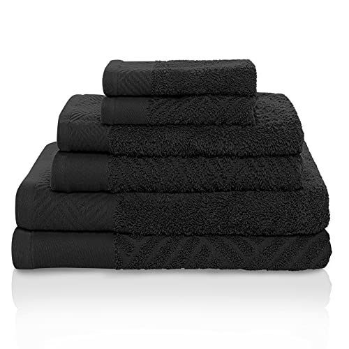 Superior 100% Egyptian Cotton 6-Piece Towel Set, Basket Weave Textured Jacquard, Super Soft and Highly Absorbent, 2 Bath Towels, 2 Hand Towels, and 2 Face Towels, Made in Egypt, Black