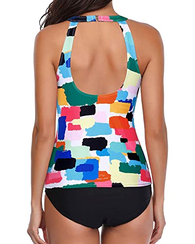 Holipick Women Color Block Tankini Swimsuits High Neck Swim Tank Tops Tummy Control Two Piece Bathing Suits Halter Swimwear M - Image 2