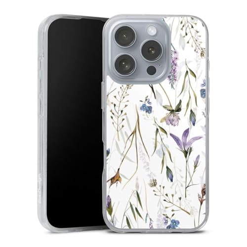 Coque iPhone 16 Pro silicone anti-choc avec motifs de fleurs champêtres