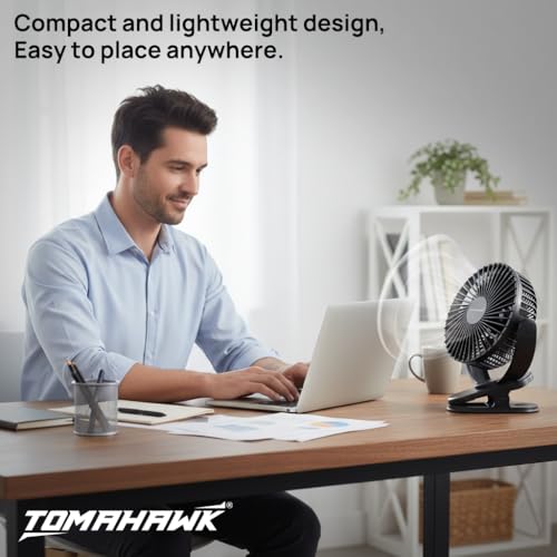 Image of Tomahawk DCF-3465 Rechargeable Cordless Clip-On Fan | 5000mAh USB Battery Fan | 720 Adjustable Rotation | 3 Speed Silent Brushless Motor | Desk & Clamp Fan for Home, Office & Travel (Black)