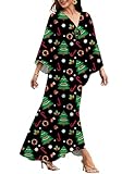 MAKABO Kaftan Dresses for Women Christmas Tree Caftans Moo Moos Print Winter Maxi Plus Size V Neck Black Dresse Party