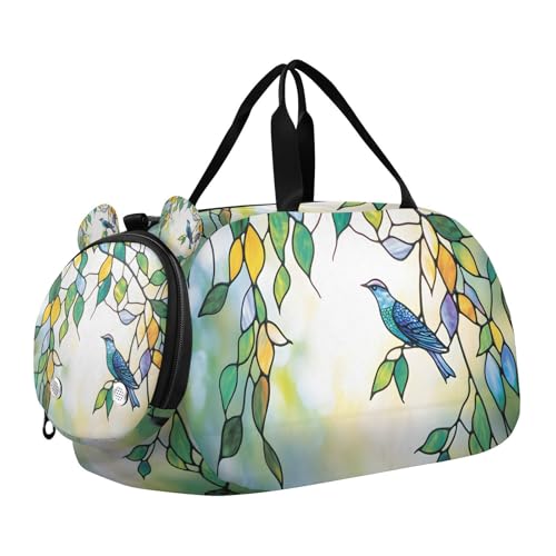 Duffle Bag for Boys or Girls with Shoes Compartment, Bird Leaf Stained Glass Sports Travel Bag Overnight