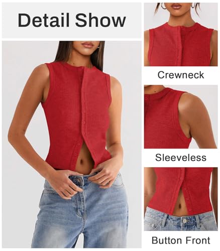 Womens Button Down Tank Top Sleeveless Ribbed Fitted Vest Casual Crewneck Trendy Y2K Going Out Crop Knit Vest Top4