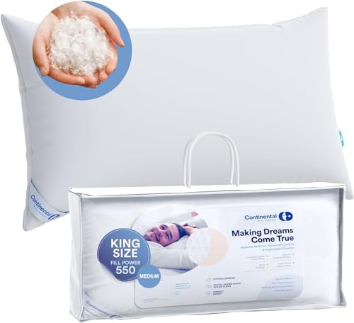 Continental Bedding Almohadas de plumón 100% lujosas, tamaño King, paquete de 1 unidad, fabricadas en Nueva York, almohadas de cama transpirables para dormir, de espalda, de lado, boca abajo, 550 FP,