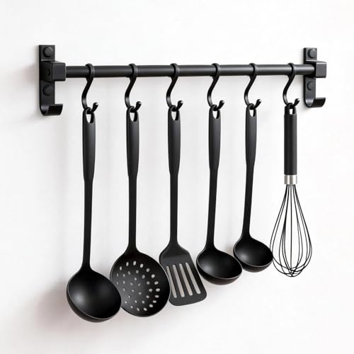 AMONENZ Barre de Ustensiles Suspension 40 cm, Porte-Ustensiles Mural avec 6 Crochets Amovibles, Aluminium Support Mural Cuisine, Noir Patère de Cuisine, pour Planches à Découper, Cuillères, Ciseaux
