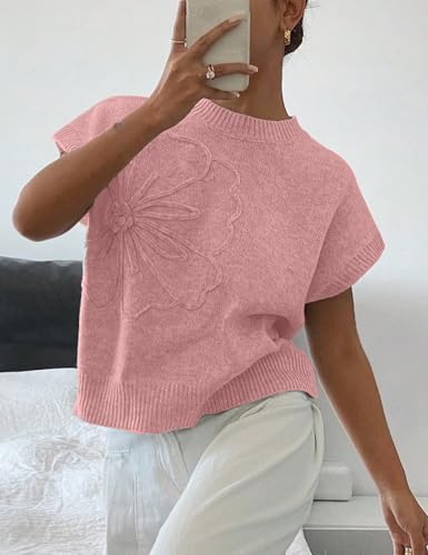 Image of 2026 Womens Floral Sweater Vest Cute Cap Sleeve Tops 3D Flower Decor Knit Tank Top Loose Spring Fall Summer Clothes