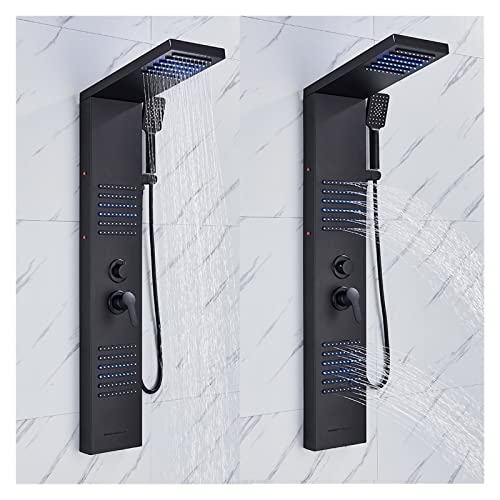 Panel de ducha, panel de ducha LED negro mate con cascada, grifo de lluvia, columna de ducha SPA con jets de masaje y mezclador de doble mando (6002 Negro 1) miniatura 3