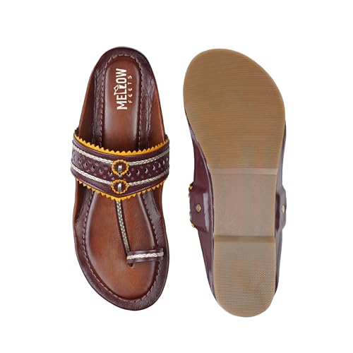 Image of Women's Kolhapuri Sandals - Handcrafted Leather Flats Chappals with Toe Ring, Comfortable Slip-On Ethnic Footwear with Embroidery & TPR Leather Sole