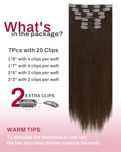 Image of Moresoo Human Hair Clip in Extensions Brown Double Weft Silk Soft Natural Hair Extensions for Women Medium Brown #4 7pcs /150g 22inch
