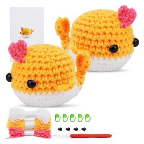 OPIGJUFD Kits de Ganchillo Kit de 2 piezas animales ganchillo for manualidades, muñecos ballena, tejido hecho a mano, hilo lana para Proyectos de Manualidades(Yellow)