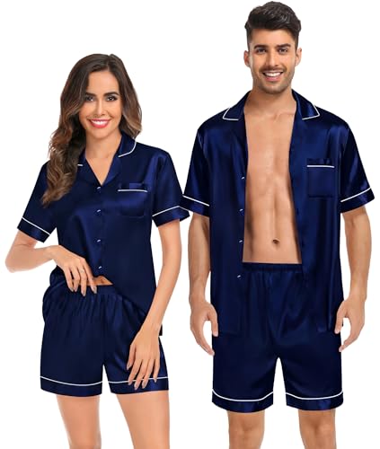 SWOMOG Couples Matching Pajamas Set Satin Short Sleeve Button Down Tops Silk Shorts Pj Lounge Set Soft Sleepwear
