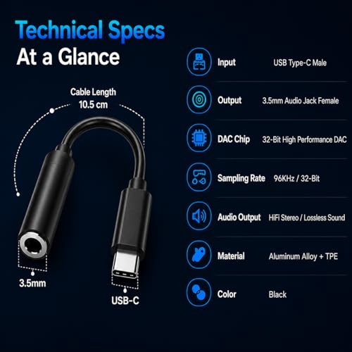 Image of ElctroTech Type C to 3.5mm Audio Jack Connector with DAC Headphone Converter Adapter Compatible with iPhone 15 Pro Max /15Pro /15Plus Series /Galaxy /OnePlus /Google /Nothing & Other Type C Phones, Warranty
