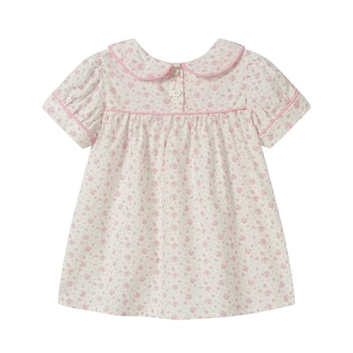 Girl Pink Floral Dress Smocked Front Peter Pan Collar Dresses Breathable4