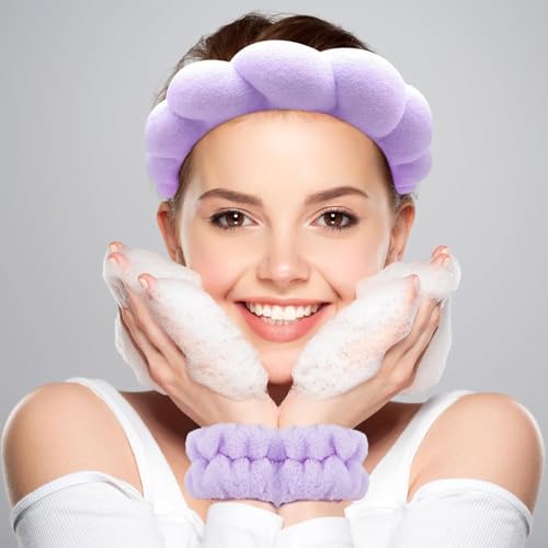 Image of Spa Headband and Wristband Set, Face Wash Headband Makeup Skincare Headband Wrist Bands Washing Face for Preppy Skincare Women Girl (Spa Headband - Perple)