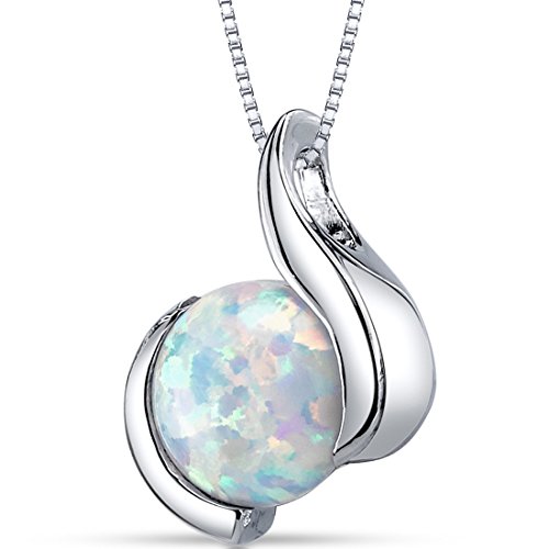Peora Created White Opal Pendant Necklace in Sterling Silver, Open Wave Round Solitaire Design, 8mm, 1.75 Carats with 18 inch Chain