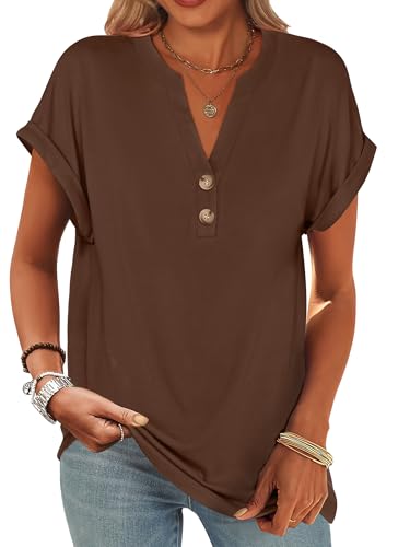 Image of ANRABESS Womens Short Sleeve Henley Tops V Neck Dressy Casual Blouses Summer Trendy Tee Shirts 2026 Vacation Fashion Clothes