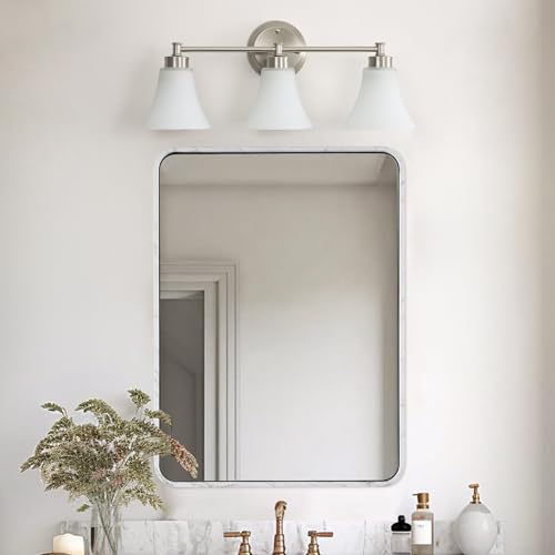 Image of LOUSACE 3 Light Bathroom Vanity Light Vintage Brushed Nickel Bathroom Lighting Fixtures Over Mirror, Traditional Wall Sconce Lighting with Opal Glass Shade, Nickel Vanity Lighting Fixture