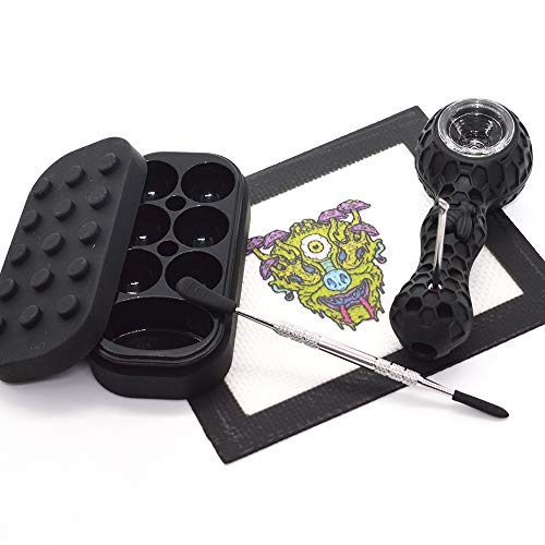 Auchee Pistol Style Nonstick silicone jar+Pokeball Wax Oil Herb Stash Jar+Pokeball Carving Tool + Silicone Mat for Storage Sticky Concentrations,Lip Balm,Pill (Black 6+1 Kit)