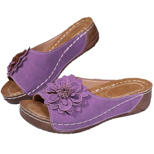 HDEBCK Womens 3D Flowers Orthopedic Wedge Sandals Summer Beach Floral Slip-On Wedge Sandal Arch Support Fish Mouth Open Toe Boho Slippers (Purple,8)