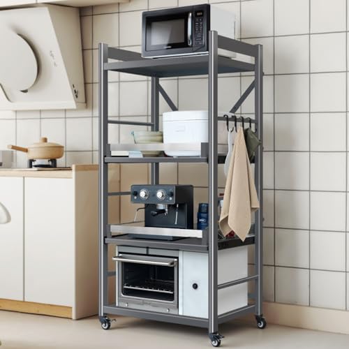 FaitLux キッチンラック スライド式棚板 レンジラック 炊飯器を開けられる 4段 幅60×奥行41×高さ125cm オープンラック 四面フェンス 省スペース 高さ調整可能 キッチン収納 組み立て簡単 大直径無音ストッパーキャスター アジャスト付き 錆