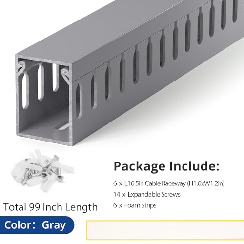 Image of 1.6 inchH x 1.2 inchW Cable Raceway, 99in Under Desk Wire Management Channel, Grey | Slotted Wire Duct, 6Pack, 16.5in Each, Heavy-Duty PVC Cable Management for Server Racks, Network Cables & Electrical Cabinets