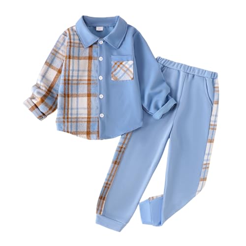 Image of Boy Clothes Fall Winter Outfits Long Sleeve Plaid Patchwork Button Down Shirt + Casual Pocket Sweatpants 5-14 Years