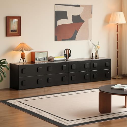 91.2"L Solid Wood TV Stand with Drawer, 4 Pcs Stackable Nightstand Mid-Century Modern End Table Multifunctional TV Console Small Entertainment Center with Storage Cabinets for Bedroom Living Room