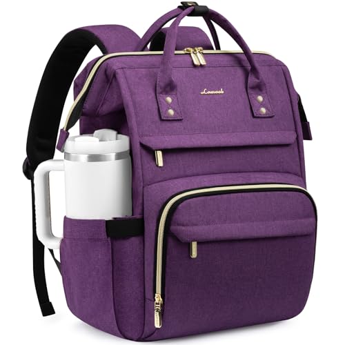 Image of LOVEVOOK Laptop Backpack for Women with Giant Tumbler Holder Pocket,17 inch Waterproof Travel Backpack Purse Computer Laptop Bag,Professional Work College Nurse Teacher Backpack Daypack,Dark Purple