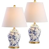 JONATHAN Y 22' Blue/White Ceramic Table Lamp, French Country Chinoiserie Ginger Jar LED Bedside Lamp for Living Room Bedroom, White Linen Shade (JYL3005A-SET2)