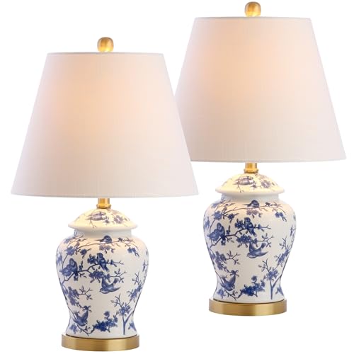 JONATHAN Y 22' Blue/White Ceramic Table Lamp, French Country Chinoiserie Ginger Jar LED Bedside Lamp for Living Room Bedroom, White Linen Shade (JYL3005A-SET2)