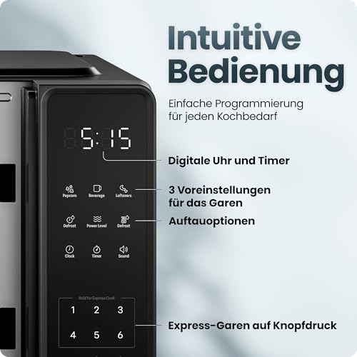 Chefman Tisch-Mikrowelle 20 l, 10 Leistungsstufen und 3 Kochprogramme mit One-Touch-Express-Kochfunktion und Stummschalttaste – Schwarz